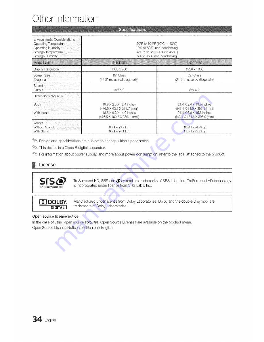 Samsung LN22D450 User Manual Download Page 34