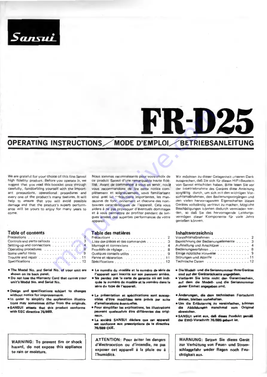 Sansui FR-D25 Operating Instructions Manual Download Page 1