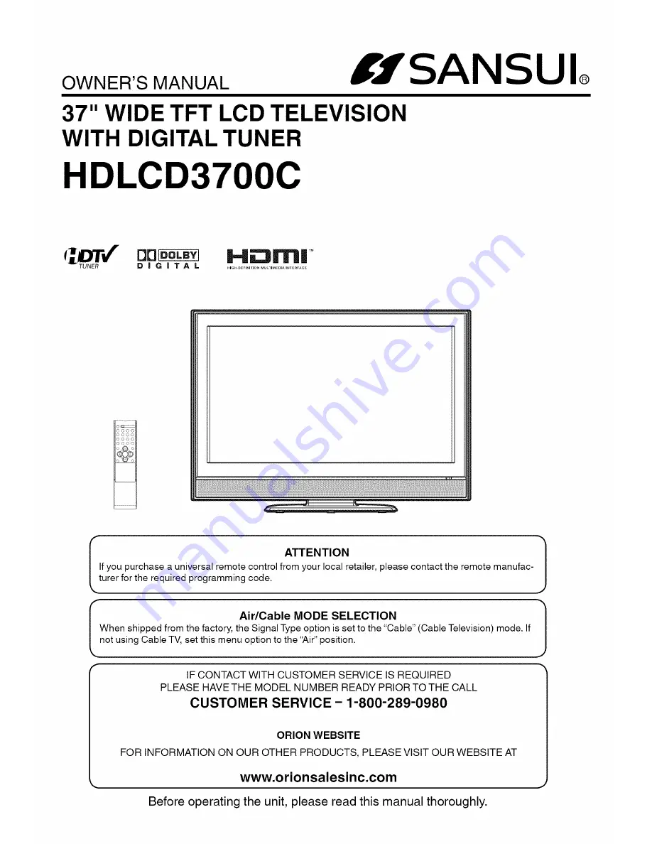 Sansui HDLCD3700C Owner'S Manual Download Page 1