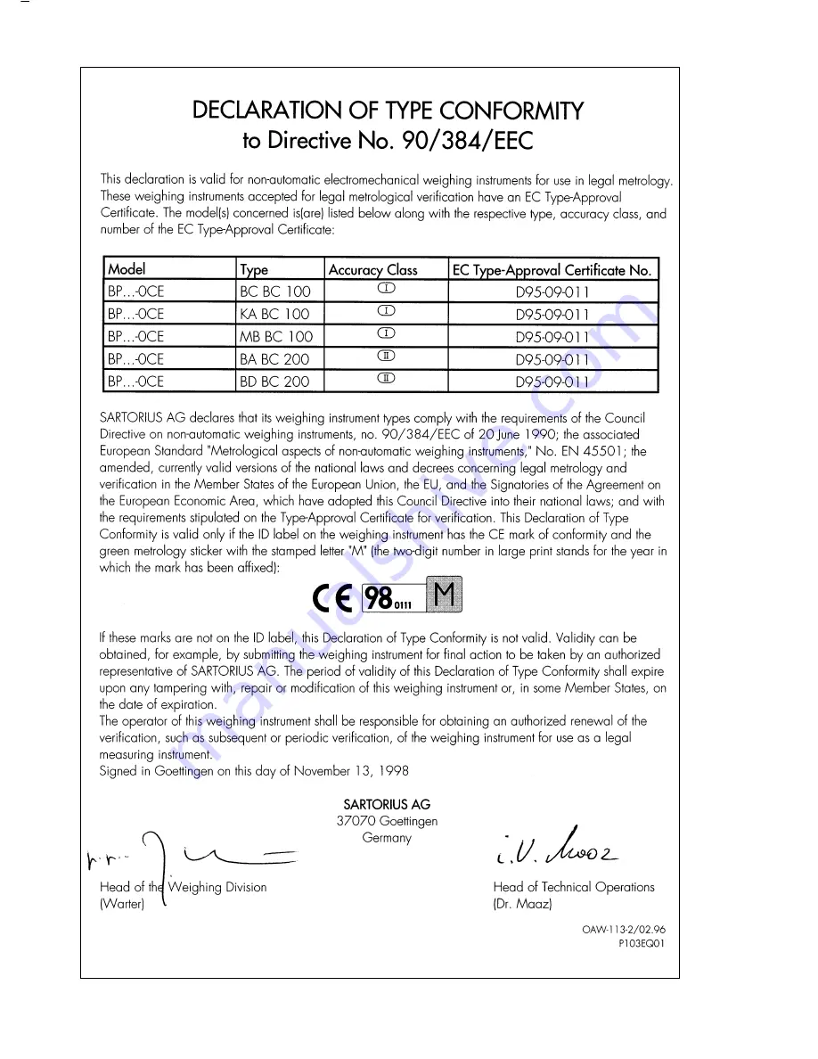 Sartorius BP 110-0CE Installation And Operating Instructions Manual Download Page 90