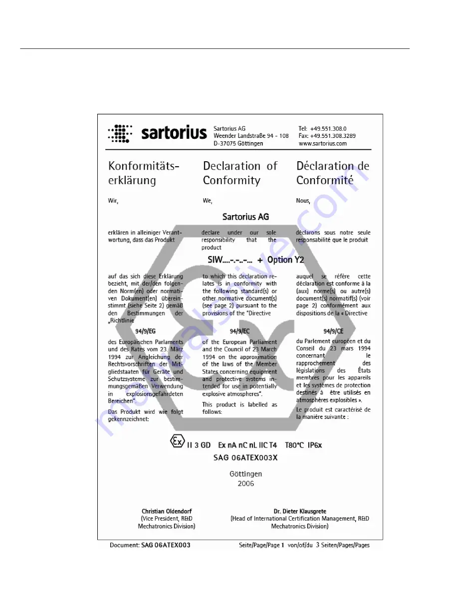 Sartorius Signum: Option Y2 SIWA Installation Instructions And Safety Information Download Page 9