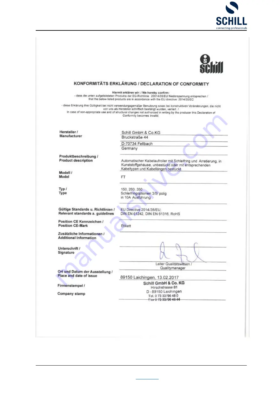 Schill FT 350 Fitting And Operating Instructions Download Page 12