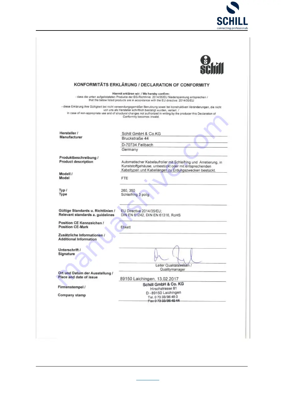 Schill FT 350 Fitting And Operating Instructions Download Page 13