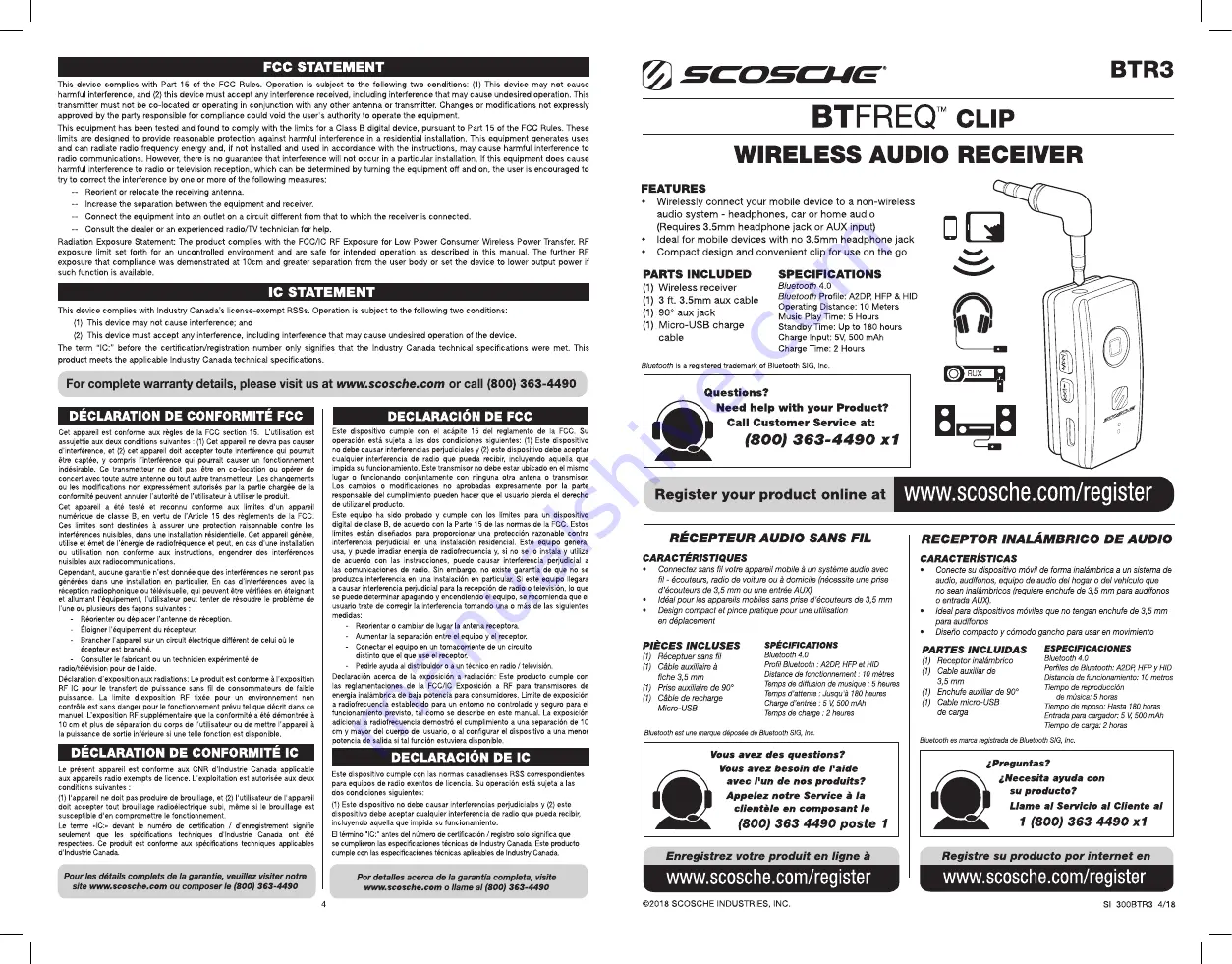 Scosche BTFREQ BTR3 Скачать руководство пользователя страница 1