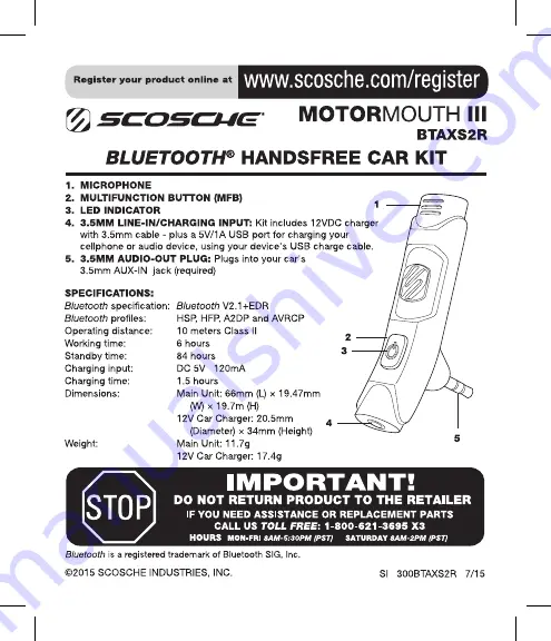 Scosche MOTORMOUTH III BTAXS2R User Manual Download Page 1