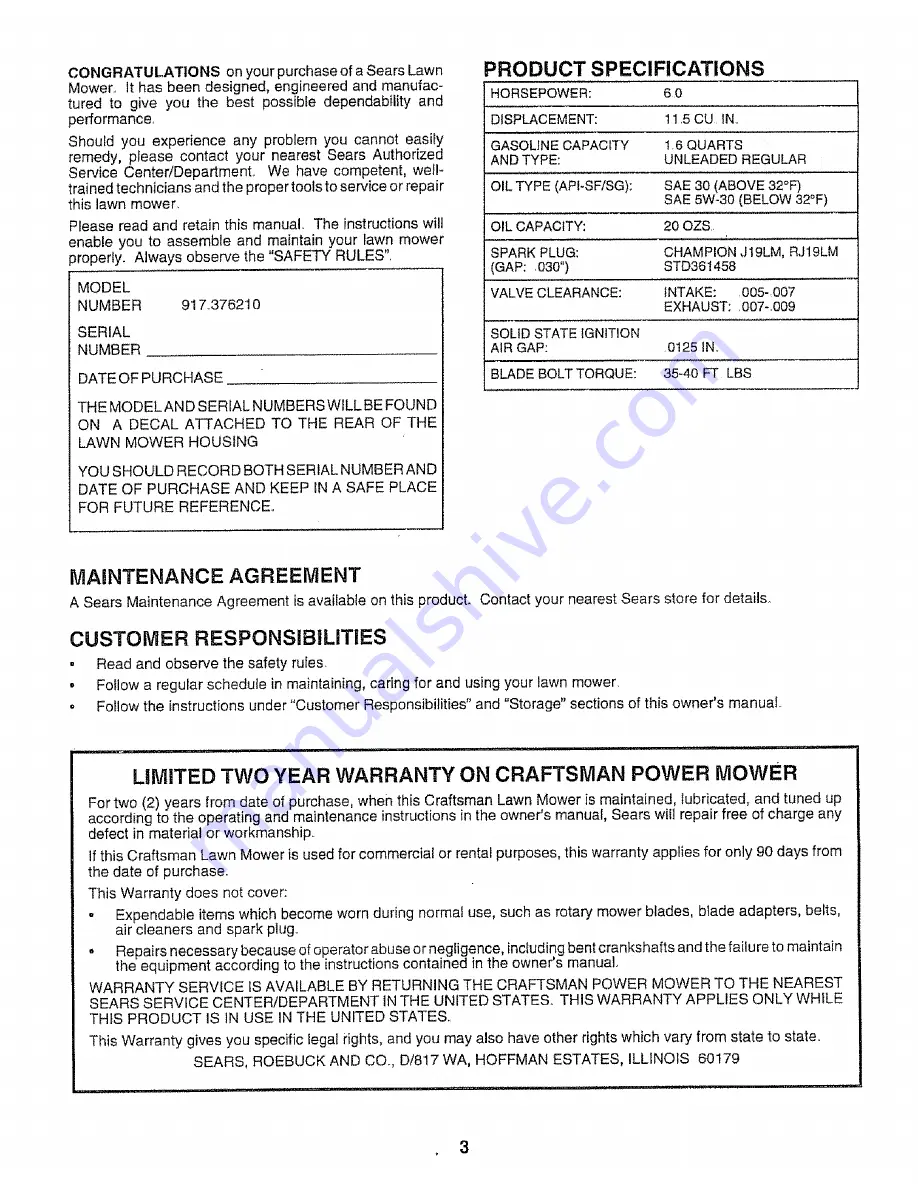 Sears 917.376210 Owner'S Manual Download Page 3