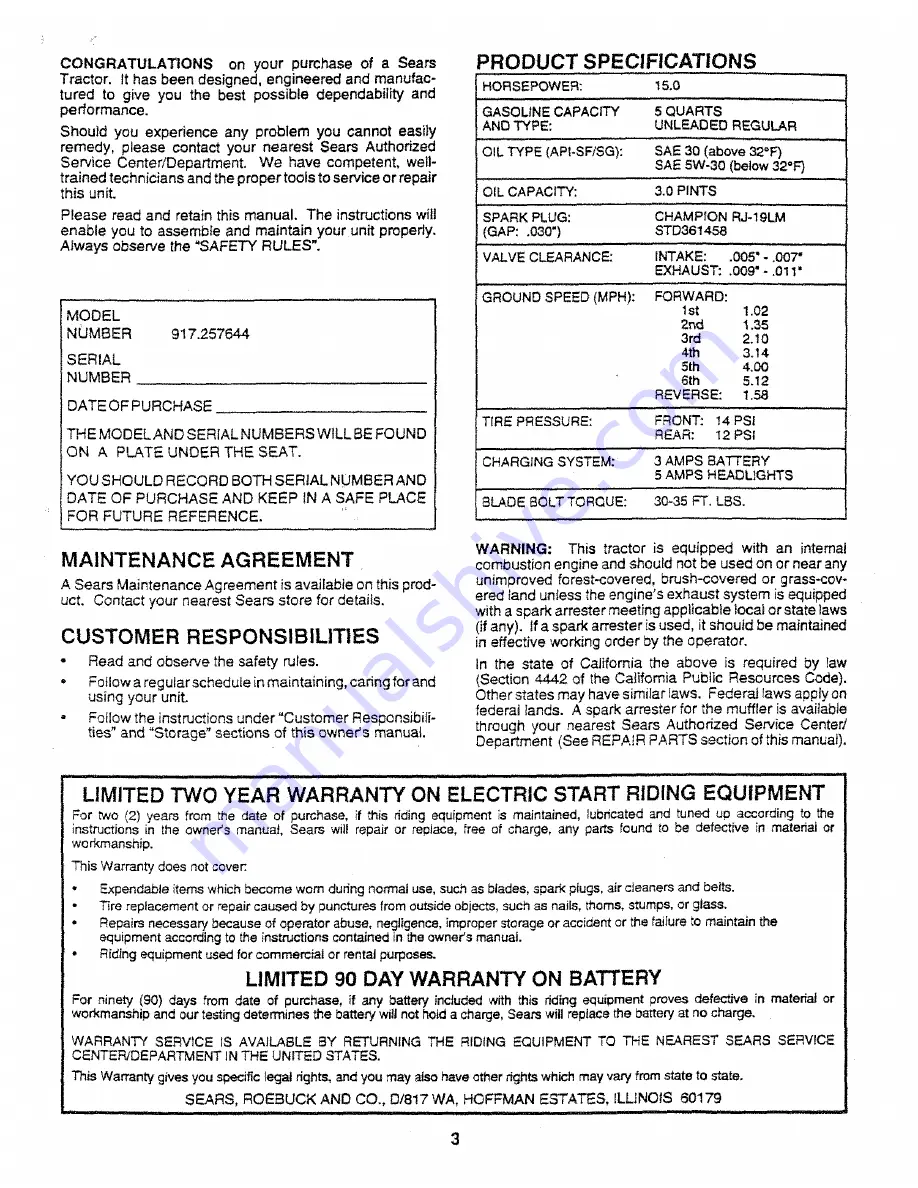 Sears Craftsman 917.257644 Скачать руководство пользователя страница 3