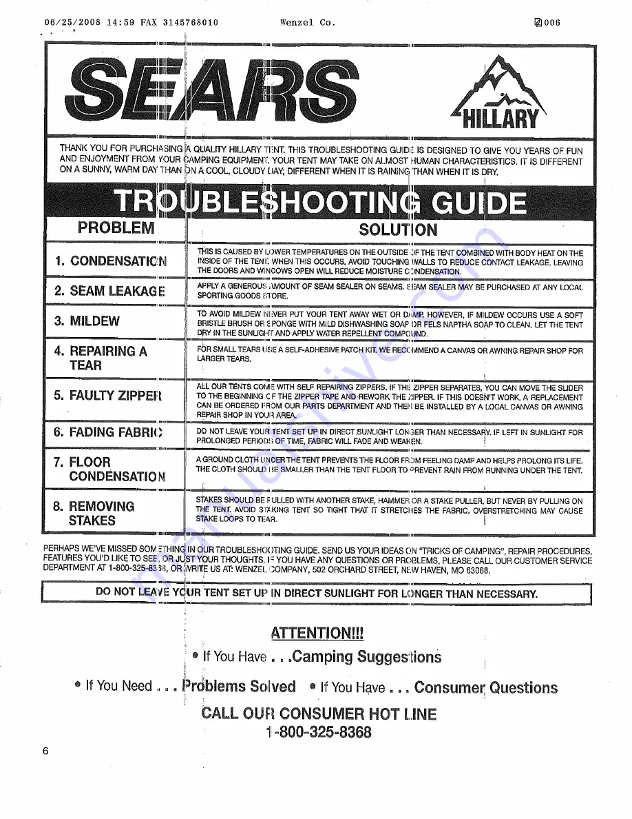 Sears Hillary 308.731140 Owner'S Manual Download Page 6