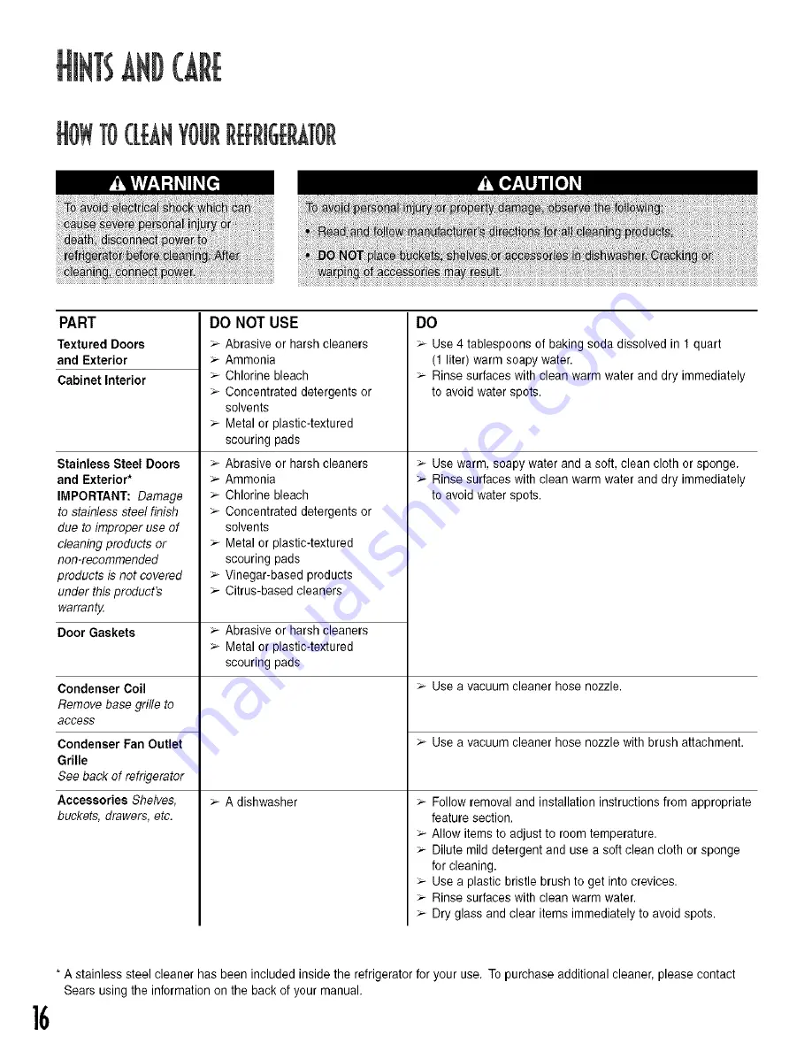 Sears Kenmore Bottom Freezer Refrigerator Use & Care Manual Download Page 16