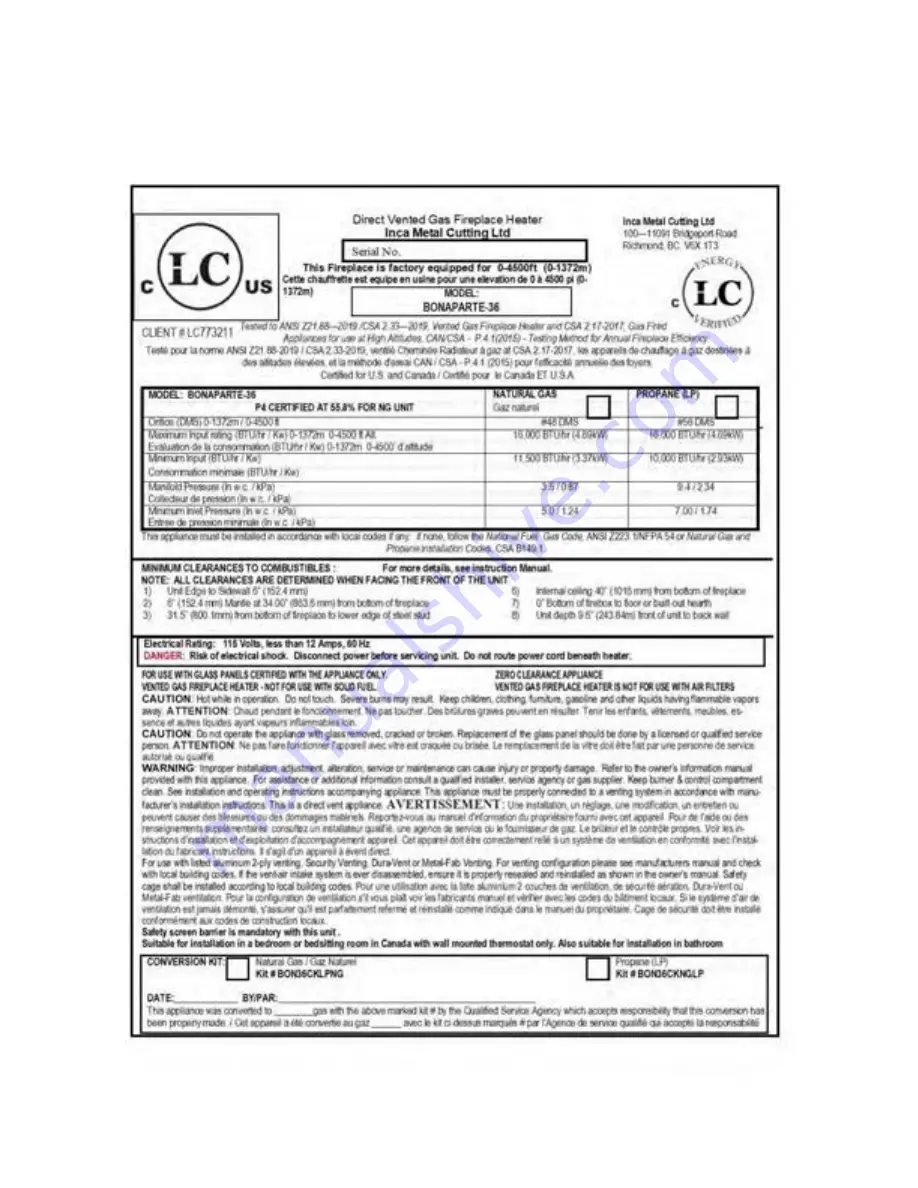 Sierra Flame BONAPARTE-36 Installation And Operating Instructions Manual Download Page 39