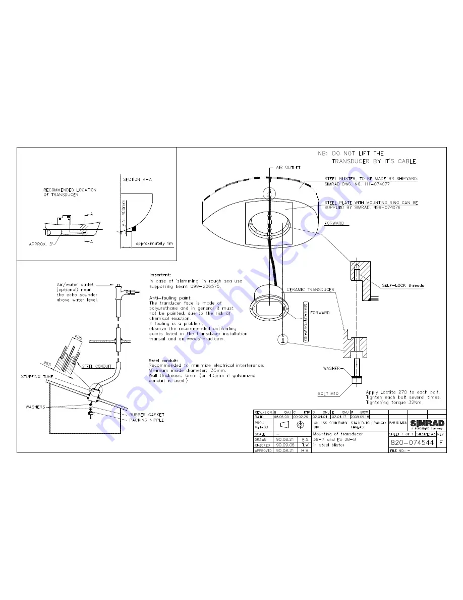 Simrad TRANSDUCER MOUNTING ARRANGEMENT - SCHEMA REV F Manual Download Page 1