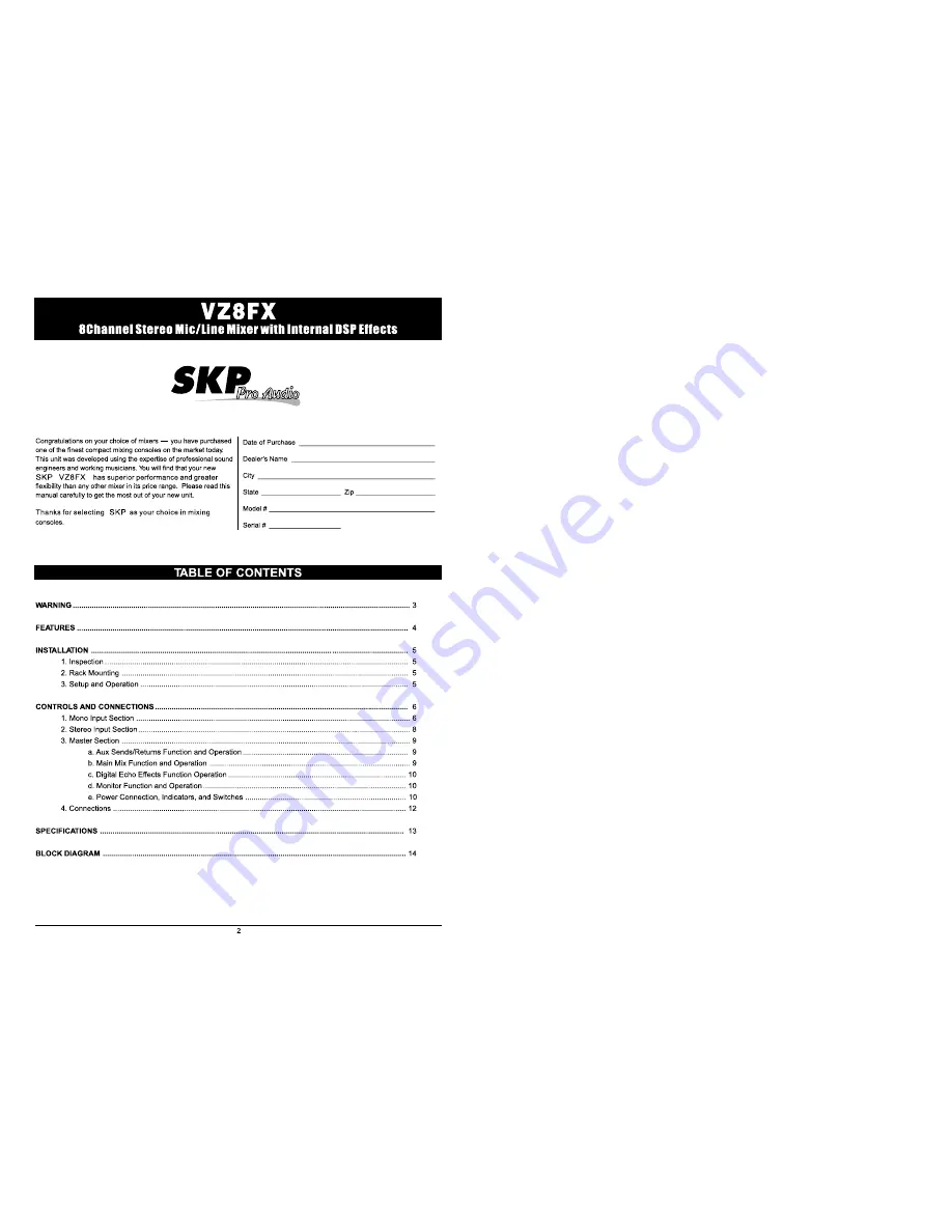 SKP Pro Audio VZ8FZ Owner'S Manual Download Page 2