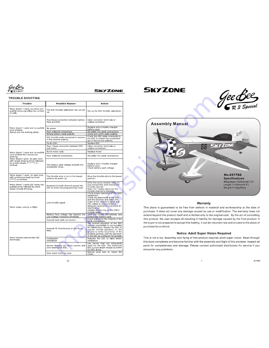 SkyZone Gee Bee 4377SZ Assembly Manual Download Page 1