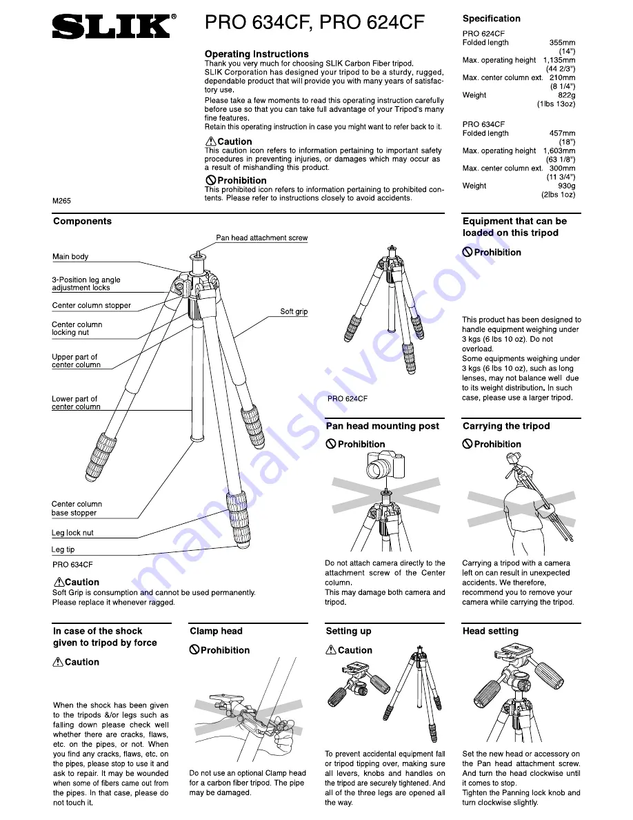 SLIK Pro 634CF Operating Instructions Download Page 1