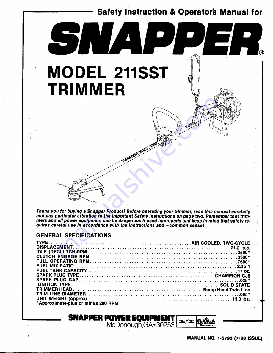 Snapper 211SST Safety Instructions & Operator'S Manual Download Page 1