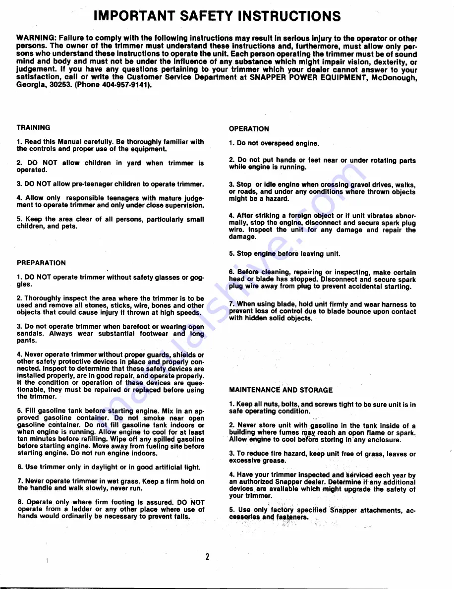 Snapper 211SST Safety Instructions & Operator'S Manual Download Page 2