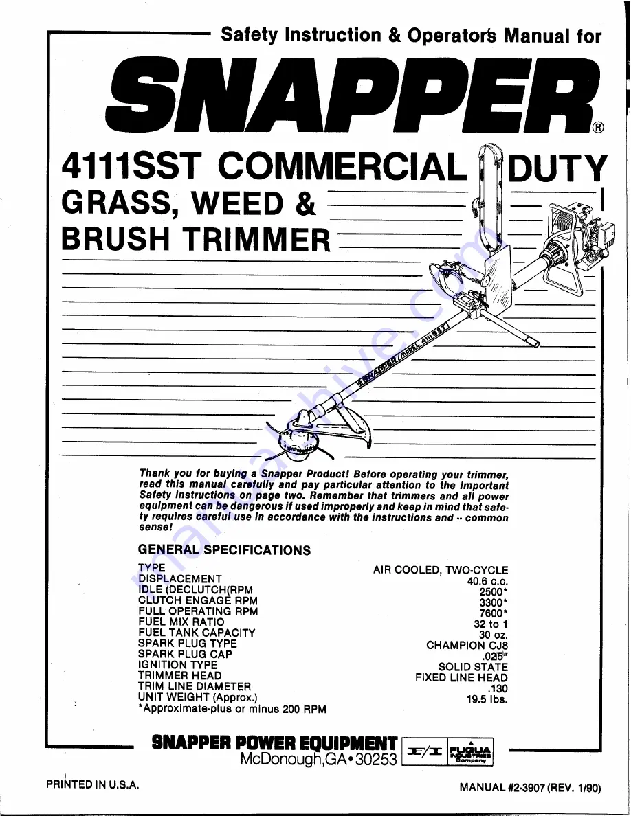 Snapper 4111SST Safety Instructions And Operator'S Manual Download Page 1