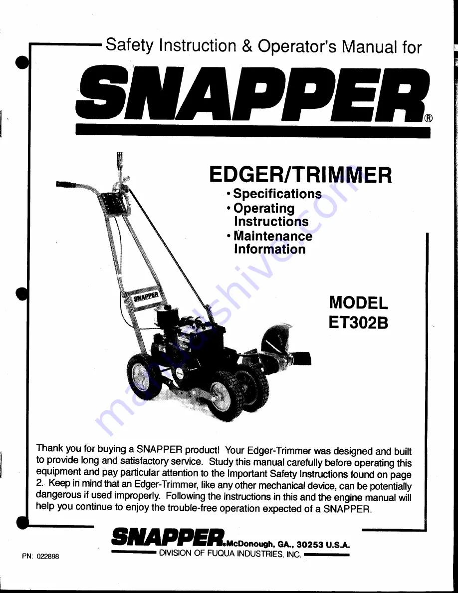 Snapper ET302B Safety Instruction & Operatorrs Manual Download Page 1