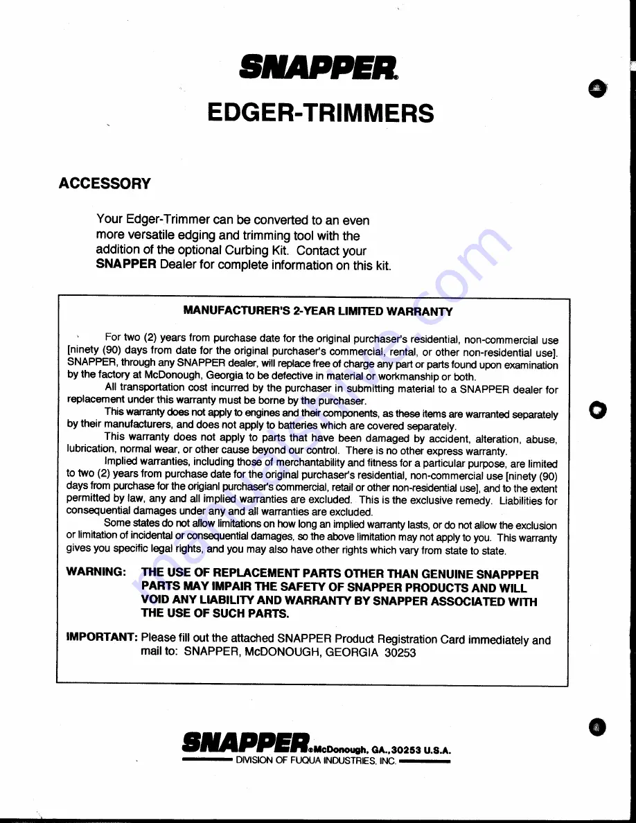 Snapper ET302B Safety Instruction & Operatorrs Manual Download Page 16