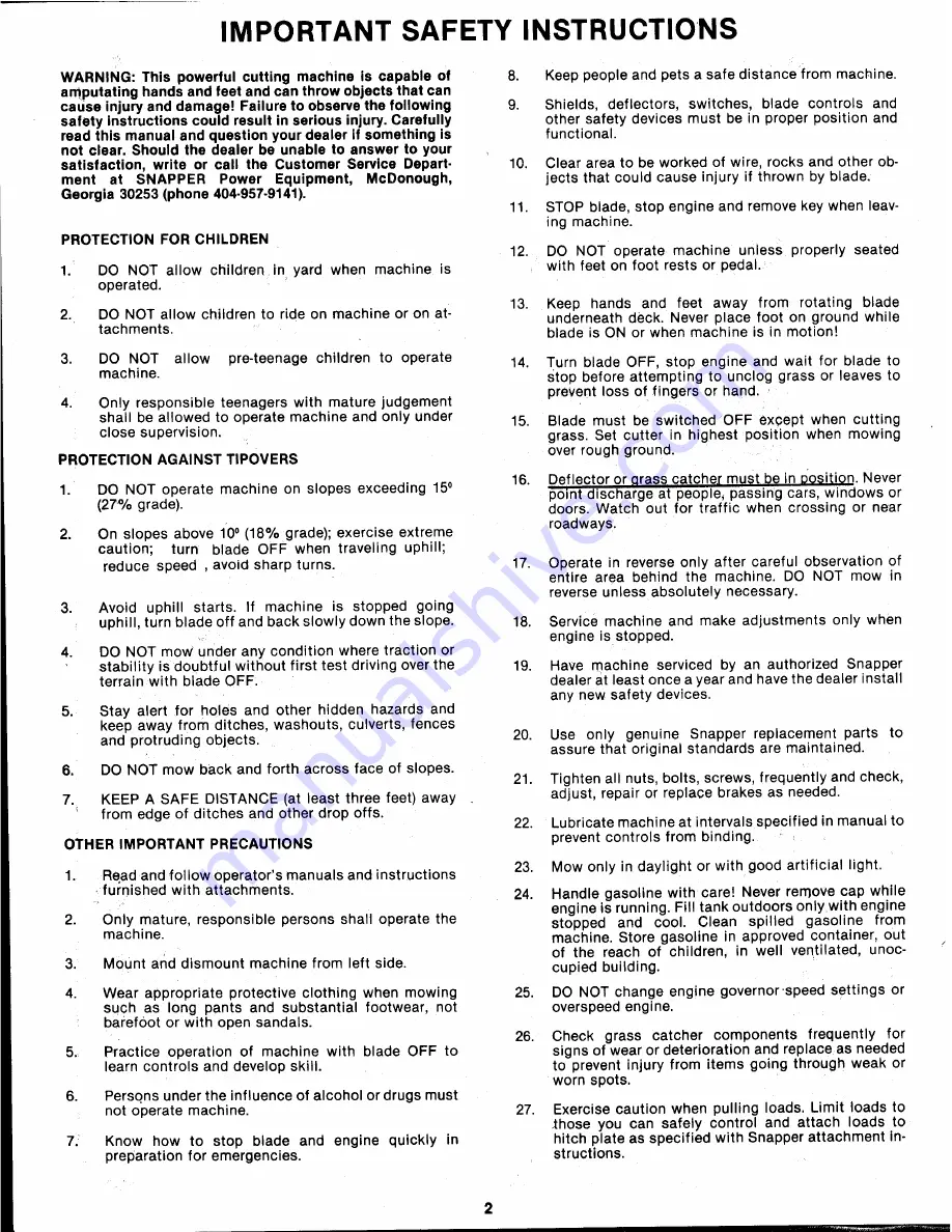 Snapper HYT18 Series Safety Instructions & Operator'S Manual Download Page 2