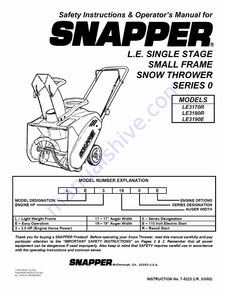 Snapper LE3170R, LE3190R, LE3190E Скачать руководство пользователя страница 1