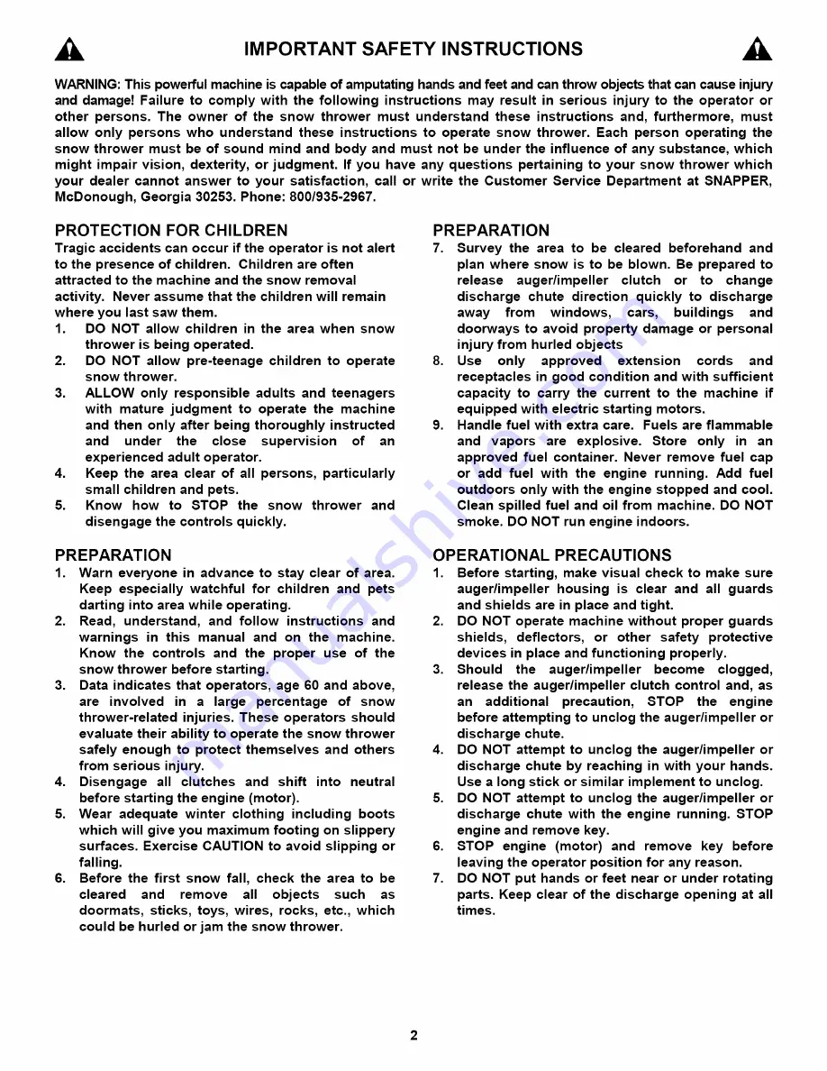 Snapper LE3170R, LE3190R, LE3190E Safety Instructions & Operator'S Manual Download Page 2