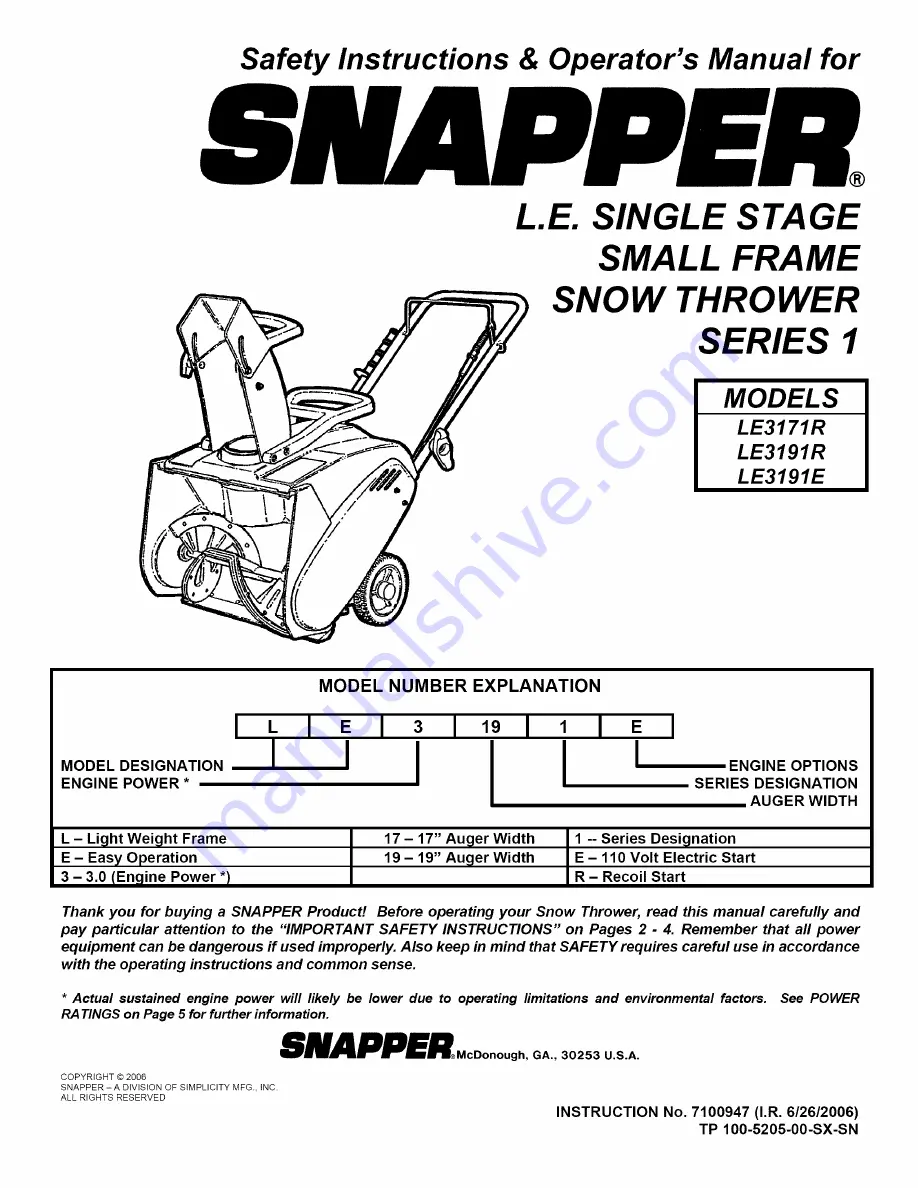 Snapper LE3171R (7085660 Скачать руководство пользователя страница 21