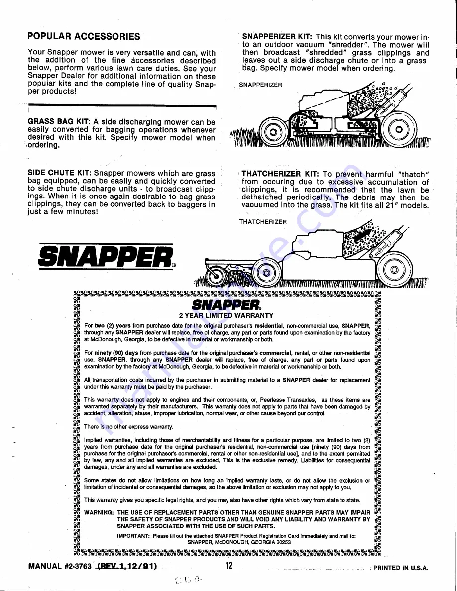 Snapper P21406T-2 Safety Instructions And Operator'S Manual Download Page 12