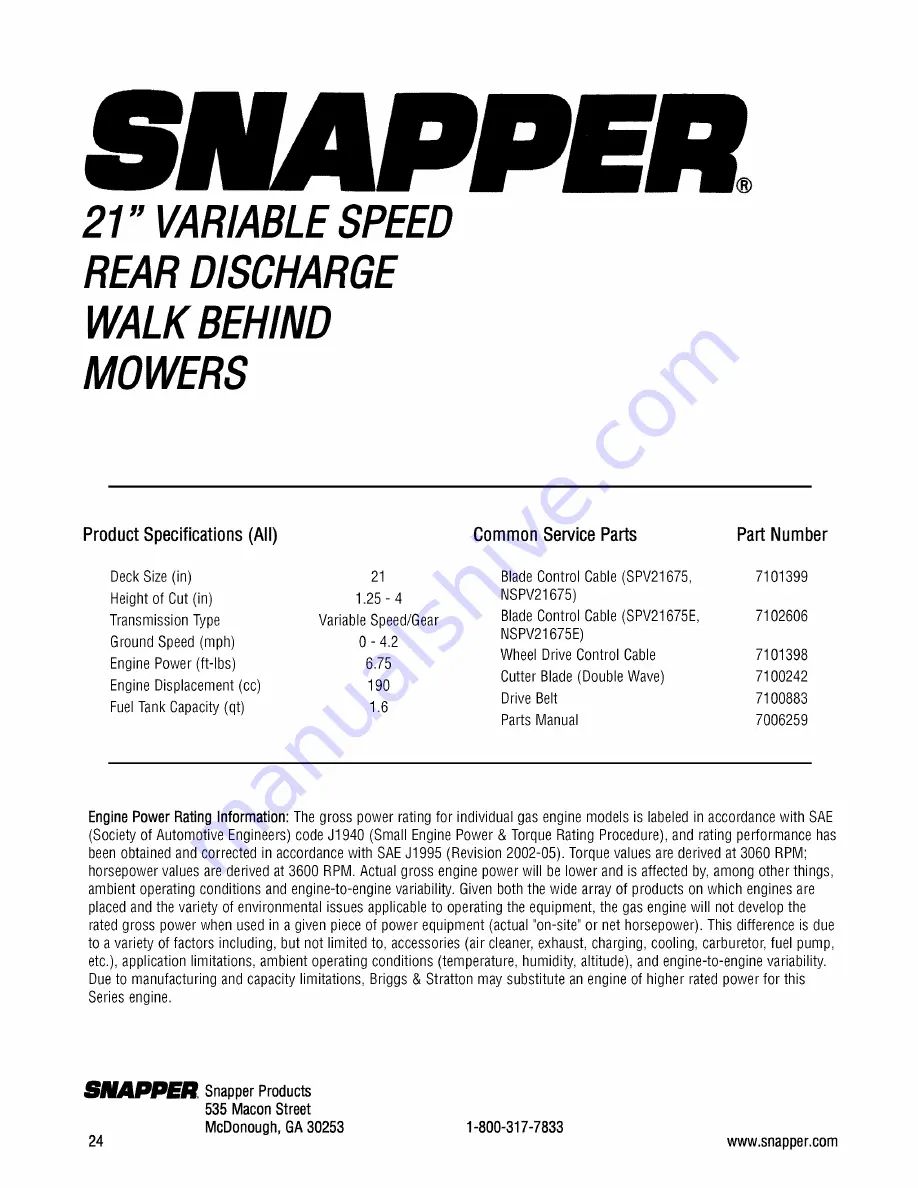 Snapper SPV21675 Safety Instructions & Operator'S Manual Download Page 24