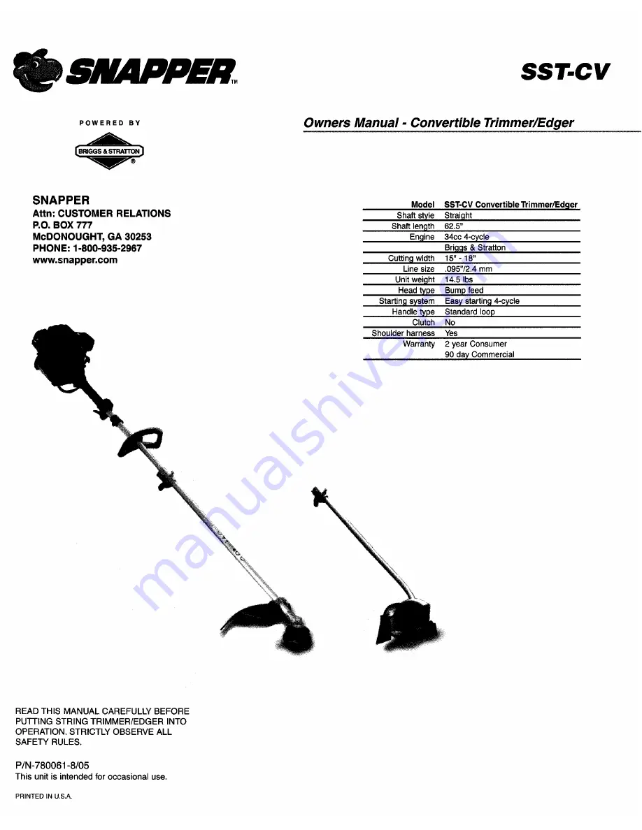 Snapper SST-CV Owner'S Manual Download Page 1