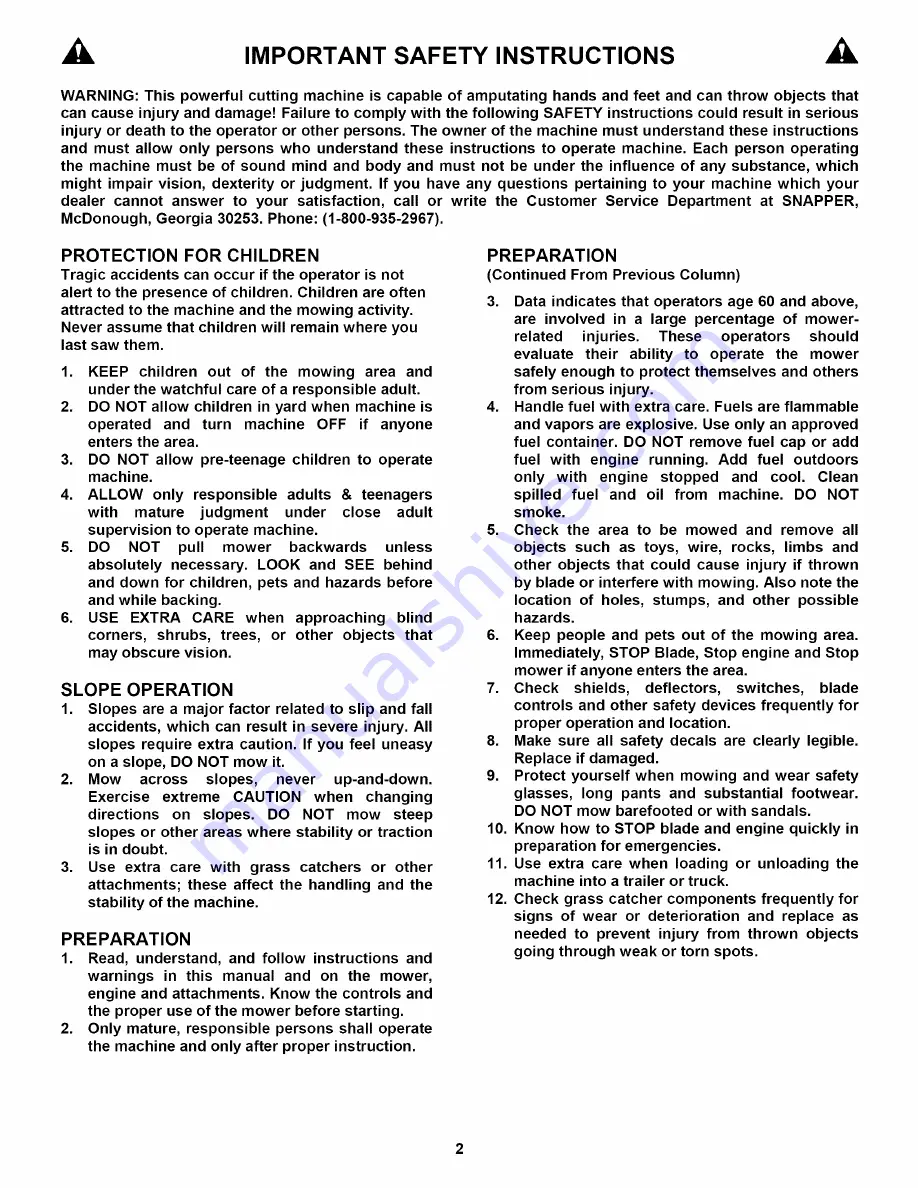 Snapper WRP216517BE Safety Instructions & Operator'S Manual Download Page 2