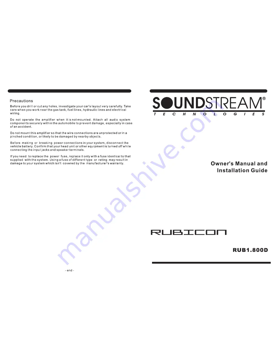 Soundstream Rubicon RUB1.800D Owner'S Manual And Installation Manual Download Page 1