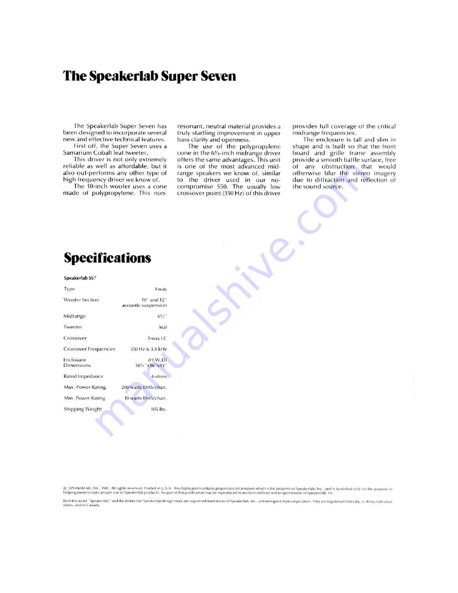 Speakerlab Super Seven Owner'S Manual Download Page 2