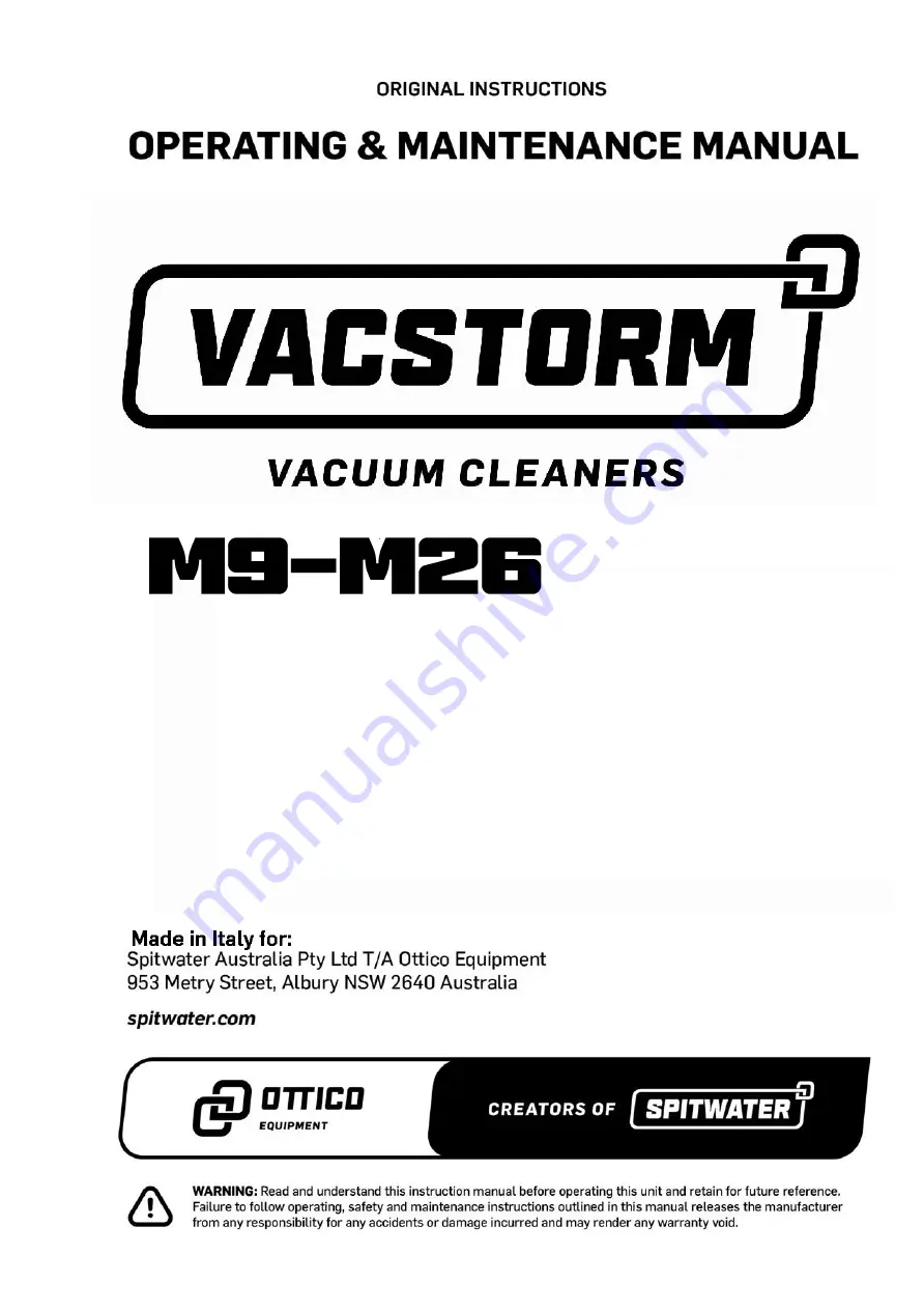 Spitwater Vacstorm M9 Operating & Maintenance Manual Download Page 1