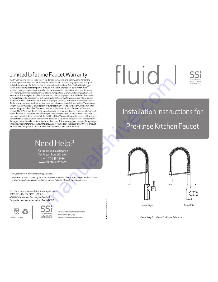 SSI Fluid F830 Installation Instructions Download Page 1