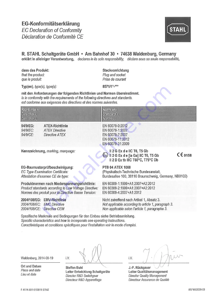 Stahl SolConeX 8571/11 Series Operating Instructions Manual Download Page 16