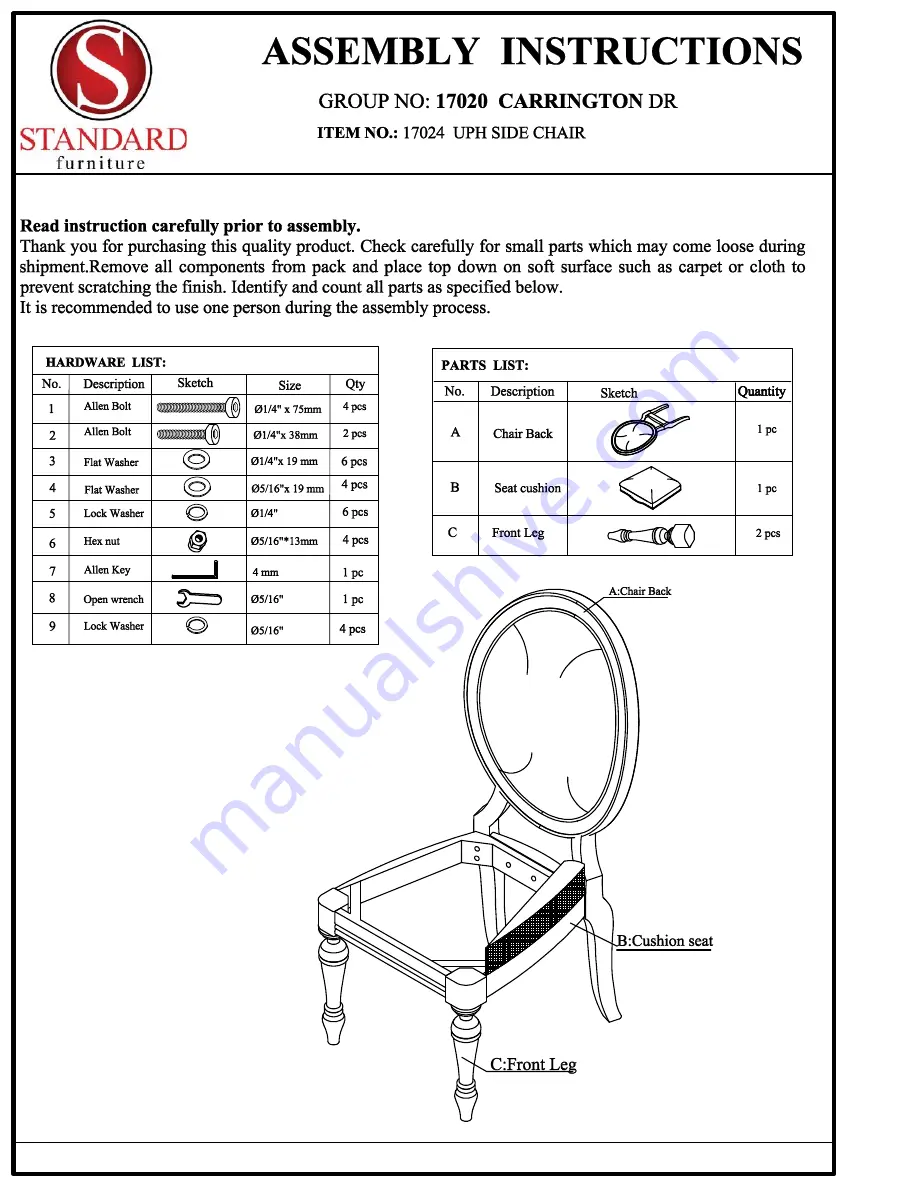 Standard Furniture Carrington 17024 Скачать руководство пользователя страница 1