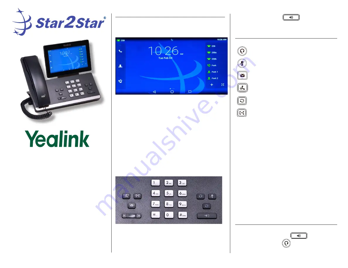 Star2Star Yealink SIP-T58A Quick User Manual Download Page 1