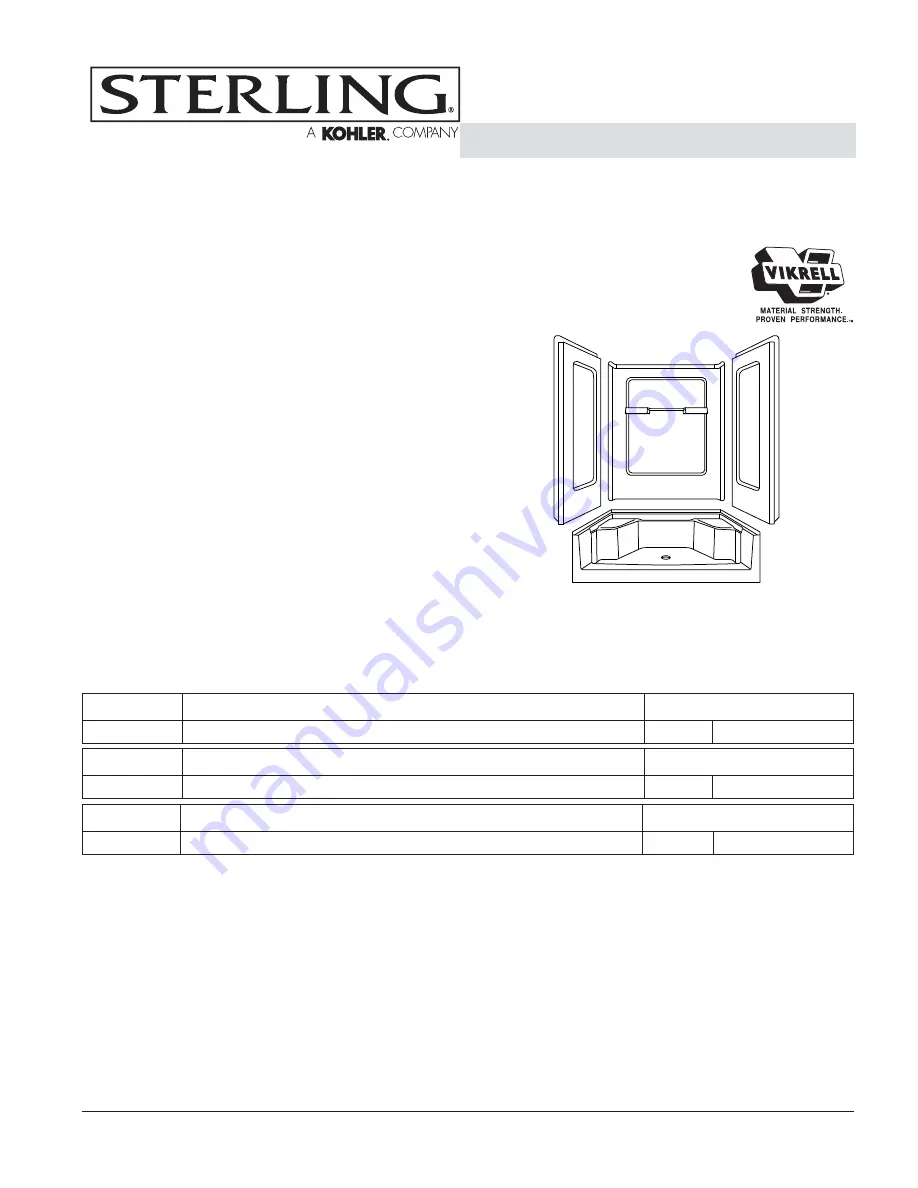 Sterling Plumbing Seated Shower Receptor and Wall Surrounds with Backer Boards 62030106 Specification Sheet Download Page 1