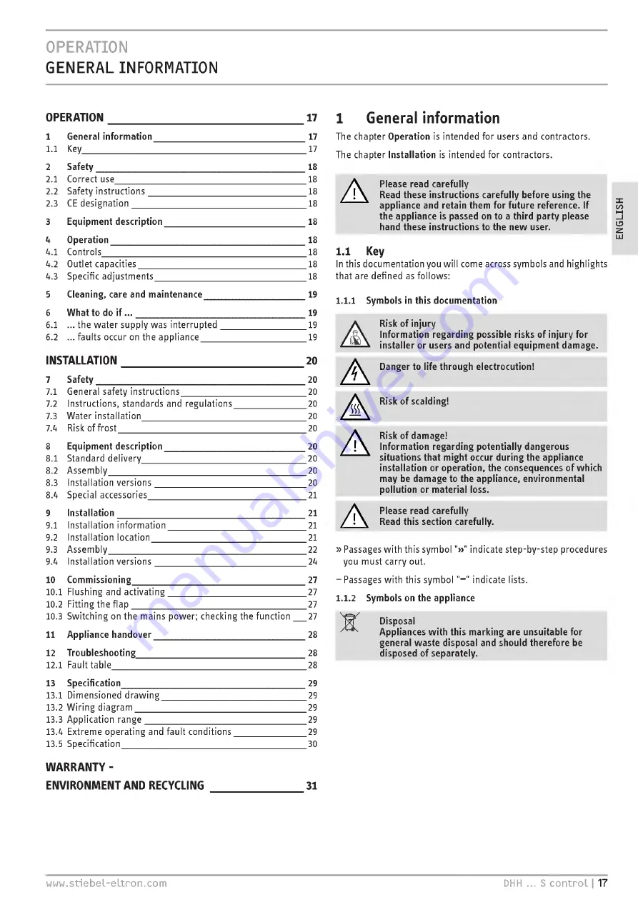 STIEBEL ELTRON DHH 12 Si control Operating And Installation Download Page 17