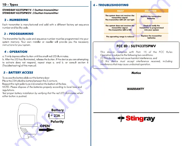 Stingray 433TSPW V Series Скачать руководство пользователя страница 2