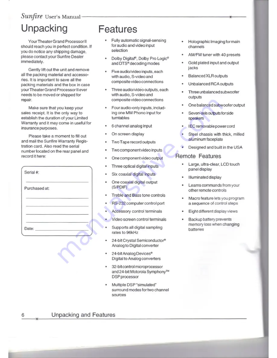 Sunfire THEATER GRAND PROCESSOR II User Manual Download Page 6