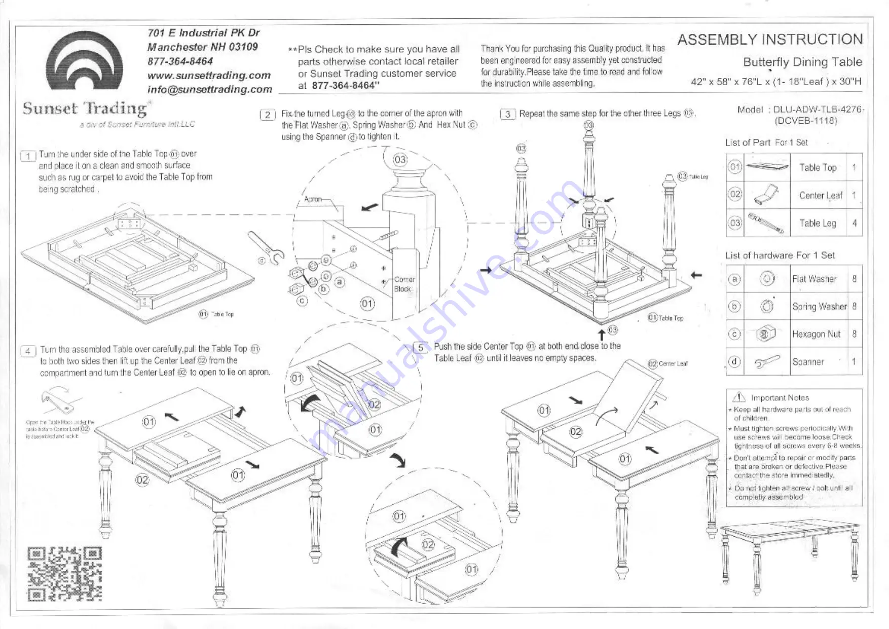 Sunset Furniture Sunset Trading Butterly Dining Table DLU-ADW-TLB-4276 Assembly Instruction Download Page 1