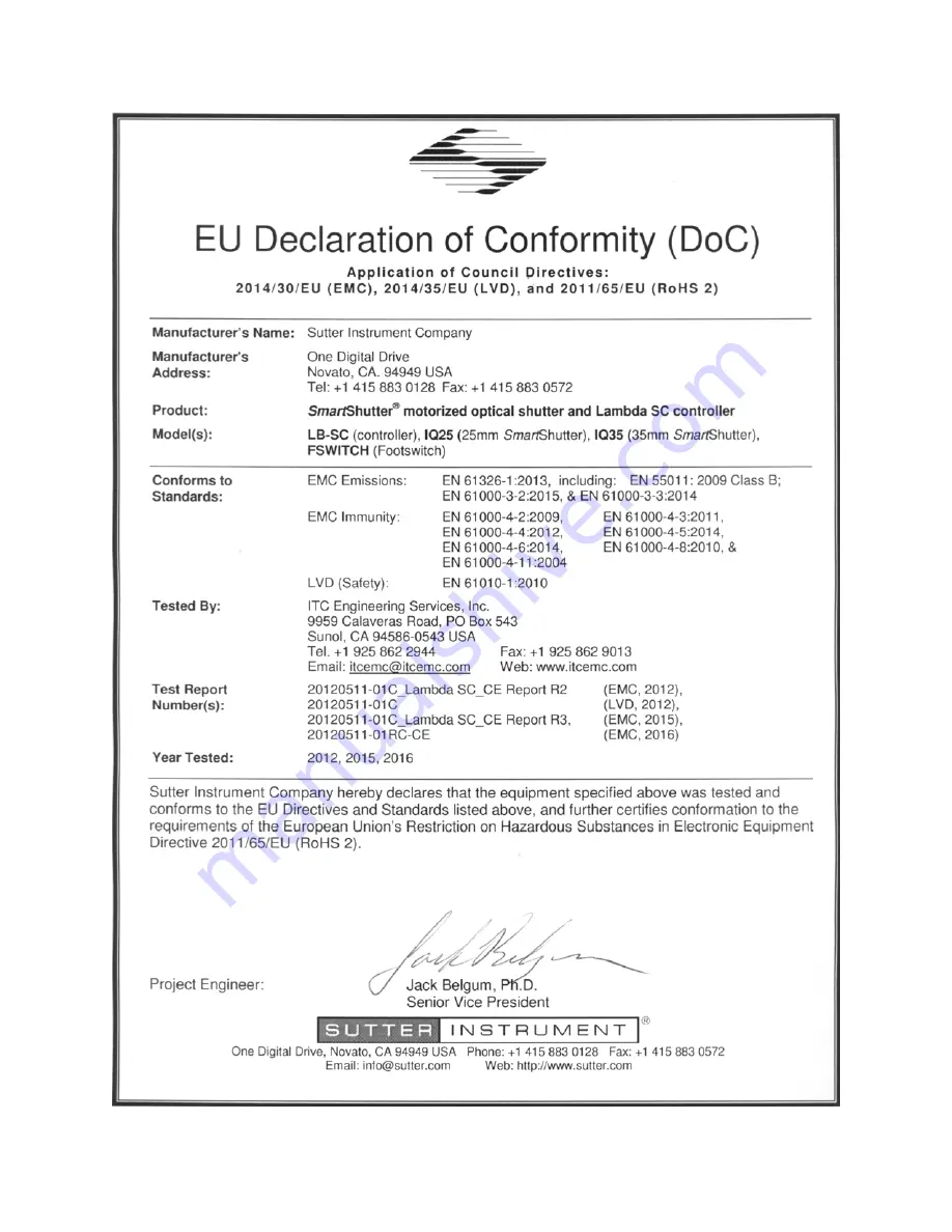 Sutter Instrument SmartShutter Lambda SC Скачать руководство пользователя страница 3
