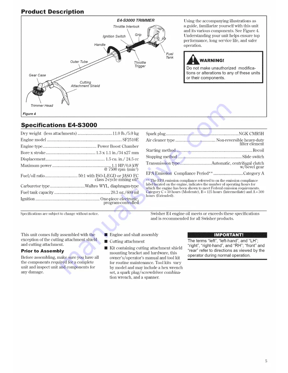 Swisher E4-S3000 Owner'S/Operator'S Manual Download Page 5