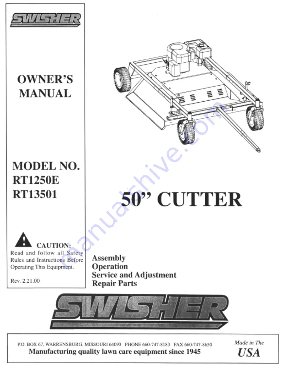 Swisher RT1250E Owner'S Manual Download Page 1