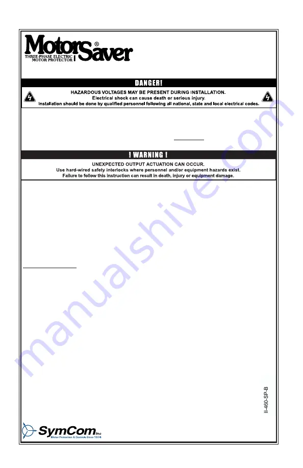 SymCom Motor Saver 460-SP Installation Instructions Manual Download Page 1