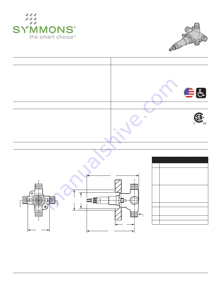 Symmons 3DIVBODYNSSRT Operation & Maintenance Manual Download Page 1