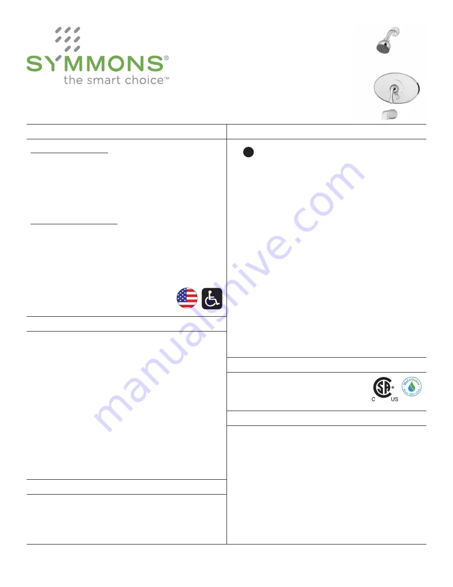 Symmons Unity S-6600-OP Operation & Maintenance Manual Download Page 1