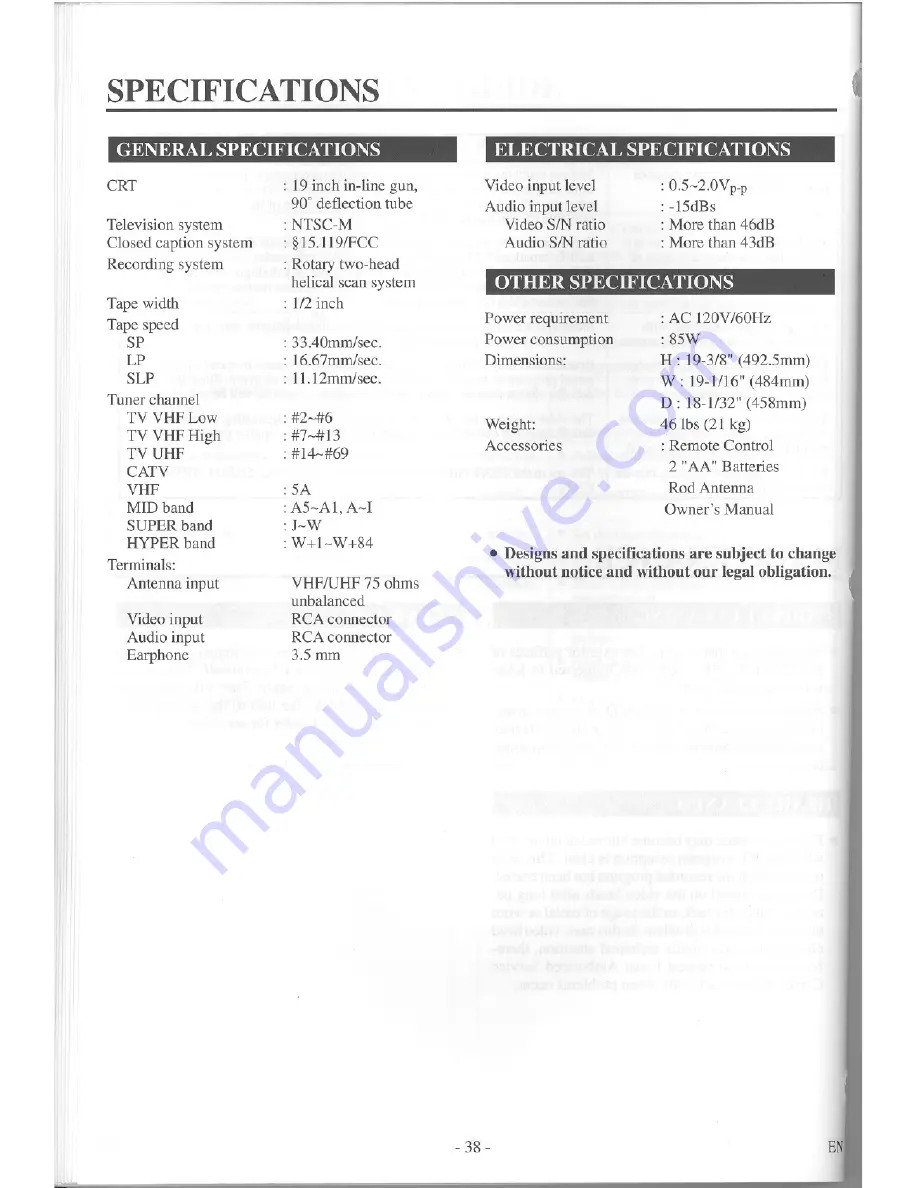 Symphonic TVCR19D1 Owner'S Manual Download Page 38